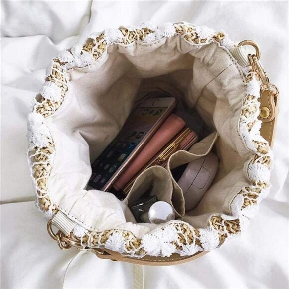 Purse Bucket Bag Lace Handmade Straw Woven Sling Handbag Shoulder Crossbody Bag - Picture 6 of 7